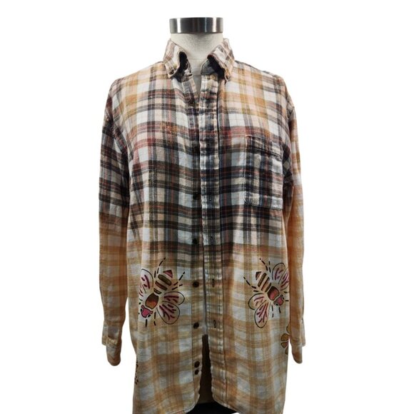 Upcycled Hand Painted Bees Hibiscus Hand Flannel Shirt - Bleached Brown XL Unise - Picture 4 of 9